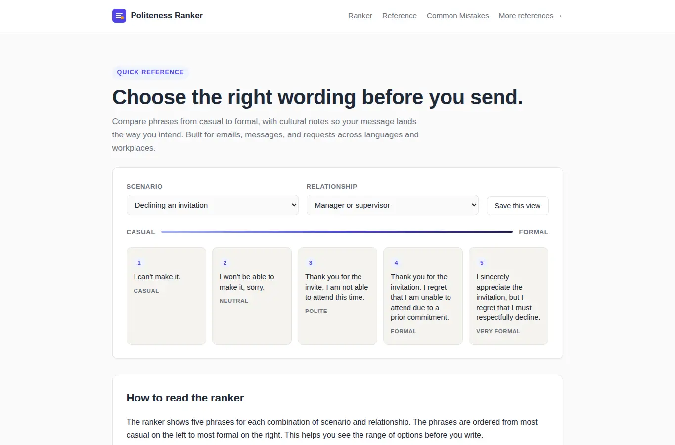 Screenshot of Language Phrase Politeness Ranker interface showing the project page in use